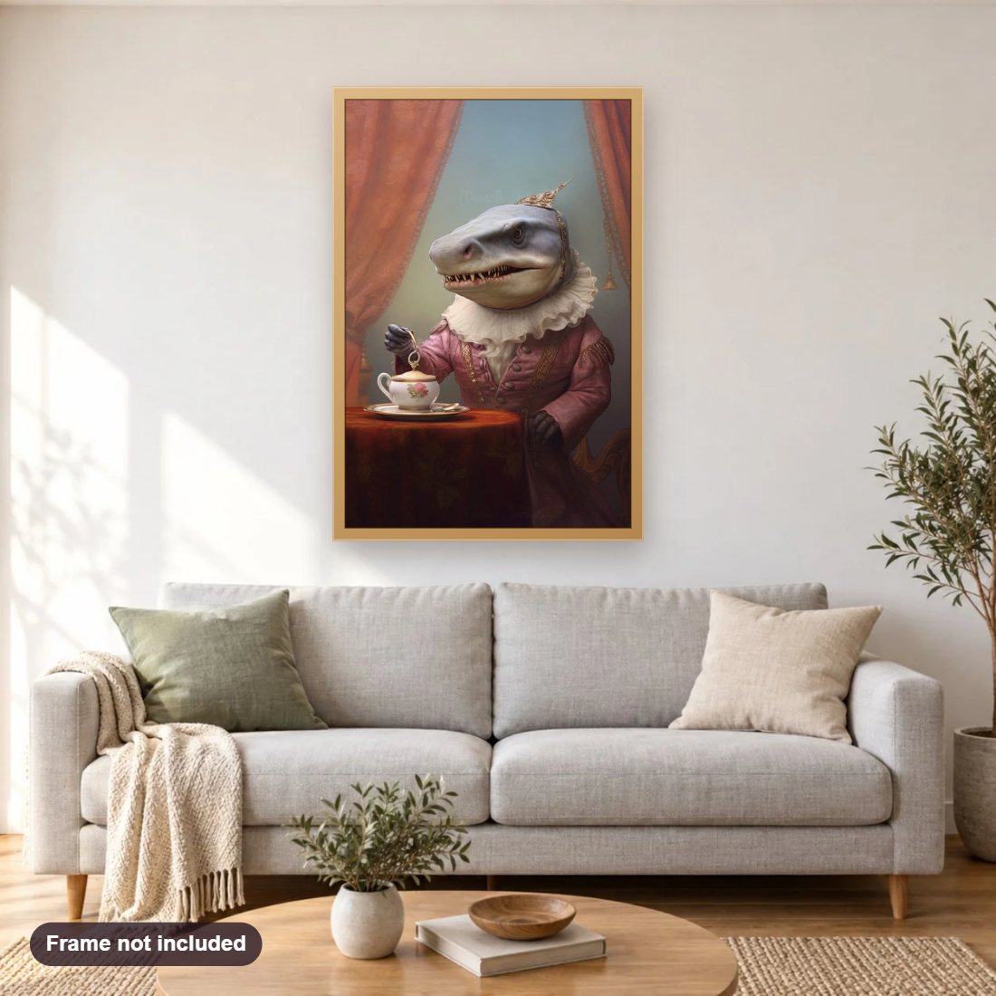 The Shark Lady diamond painting shown framed on a living room wall above a sofa