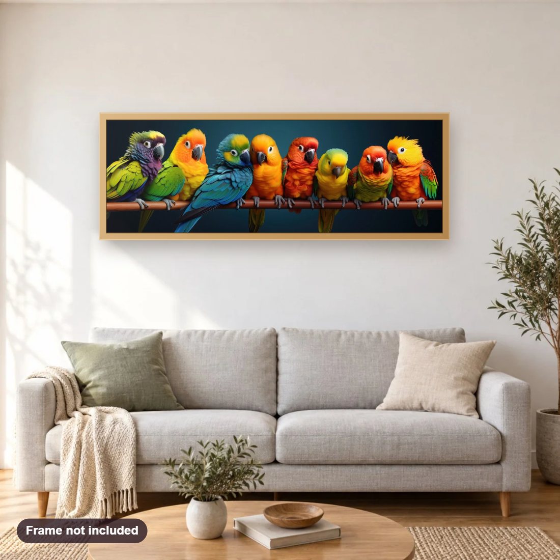 The Splendor of Colorful Parrots diamond painting shown framed on a living room wall above a sofa