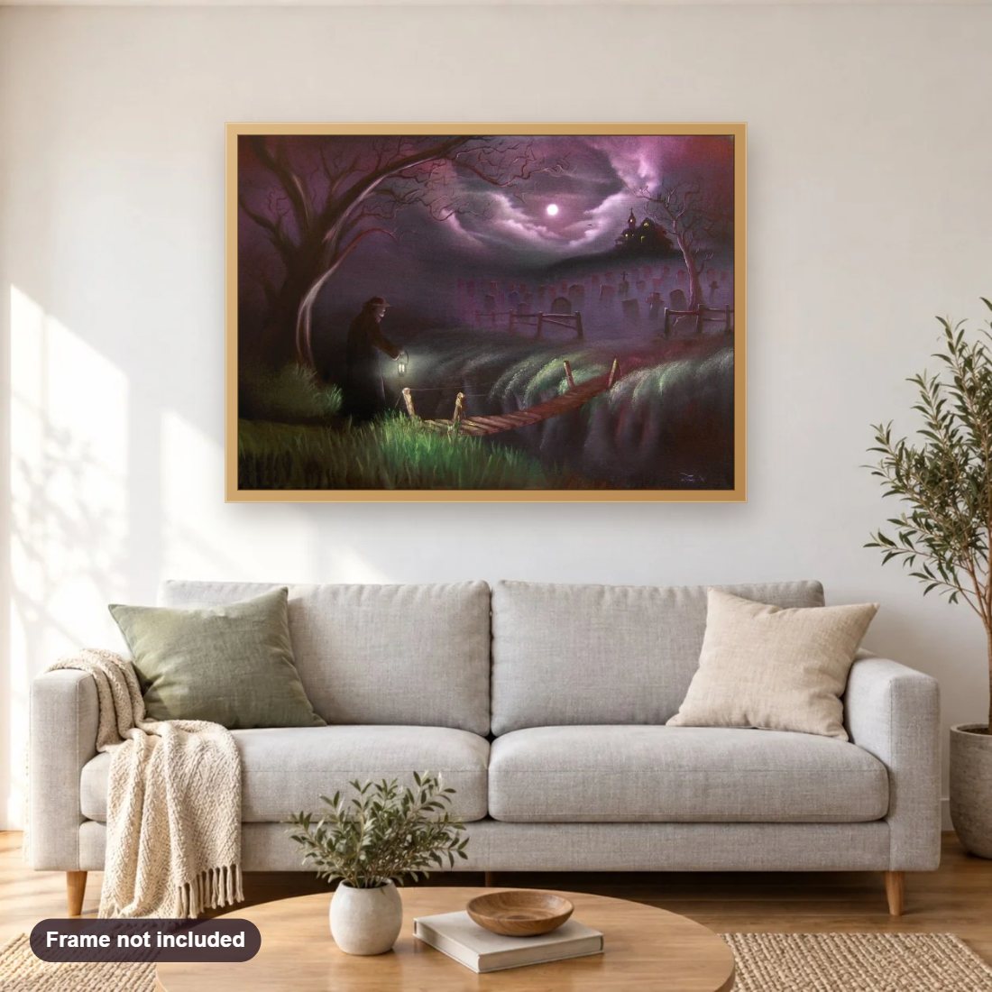 The Stranger diamond painting shown framed on a living room wall above a sofa