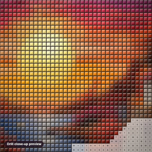 Close-up preview of the The Sun Rising with Glory diamond painting with square 5D drills and printed canvas symbols