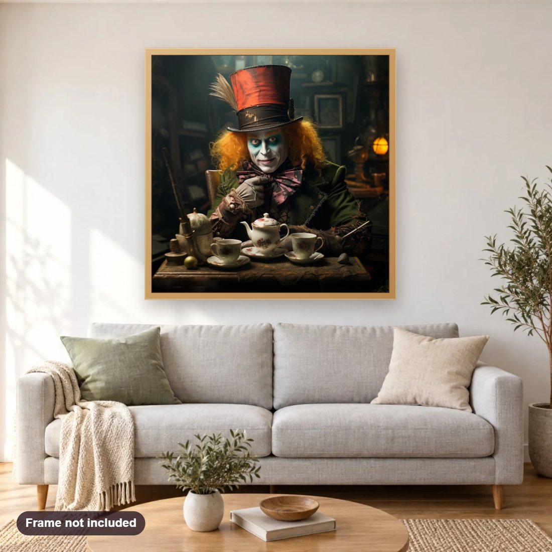 The Tea is Ready diamond painting shown framed on a living room wall above a sofa