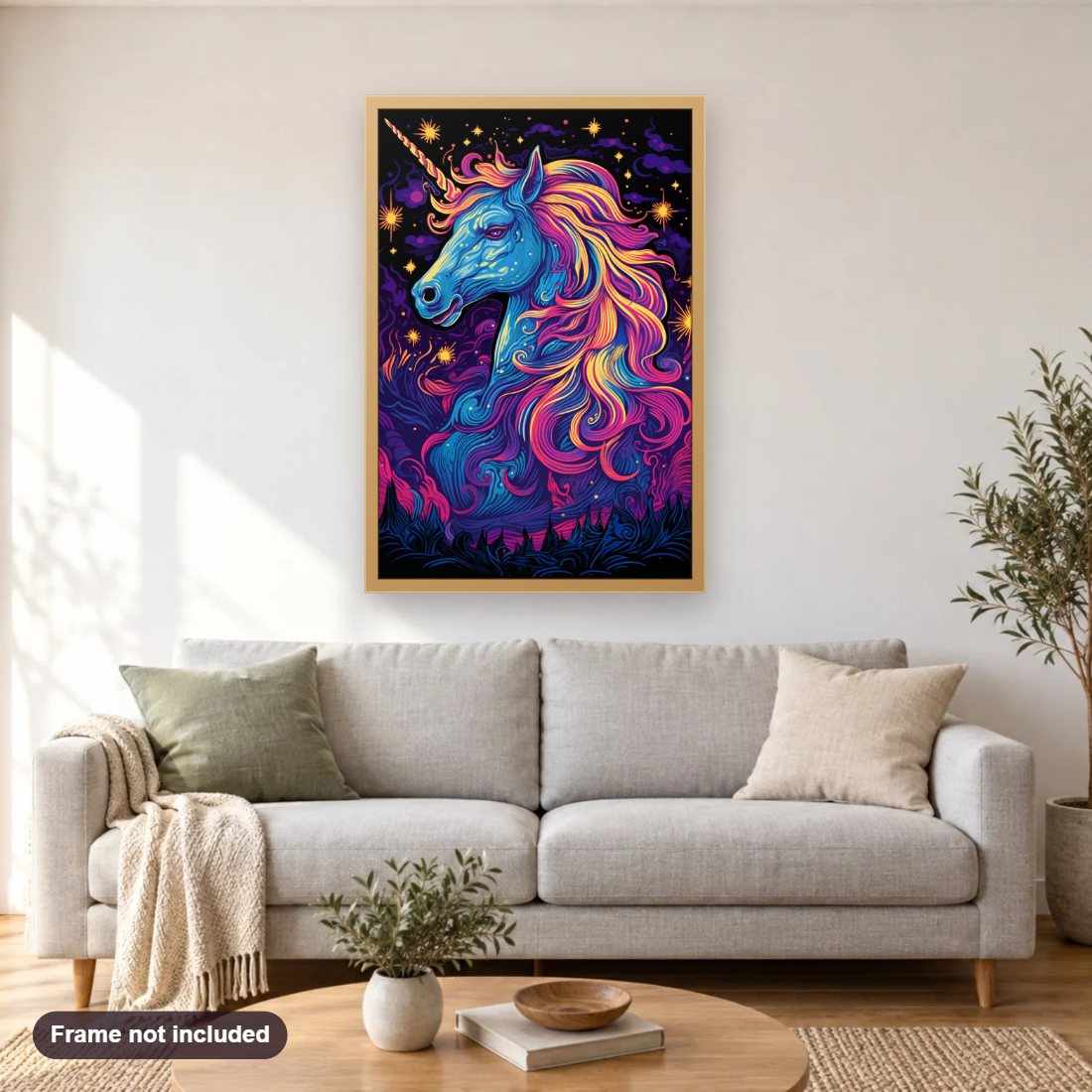 The Unicorn Fantasy diamond painting shown framed on a living room wall above a sofa