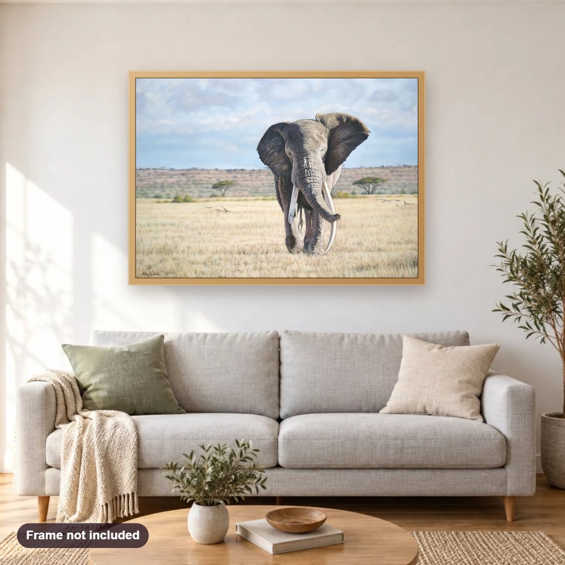 The Warrior diamond painting shown framed on a living room wall above a sofa