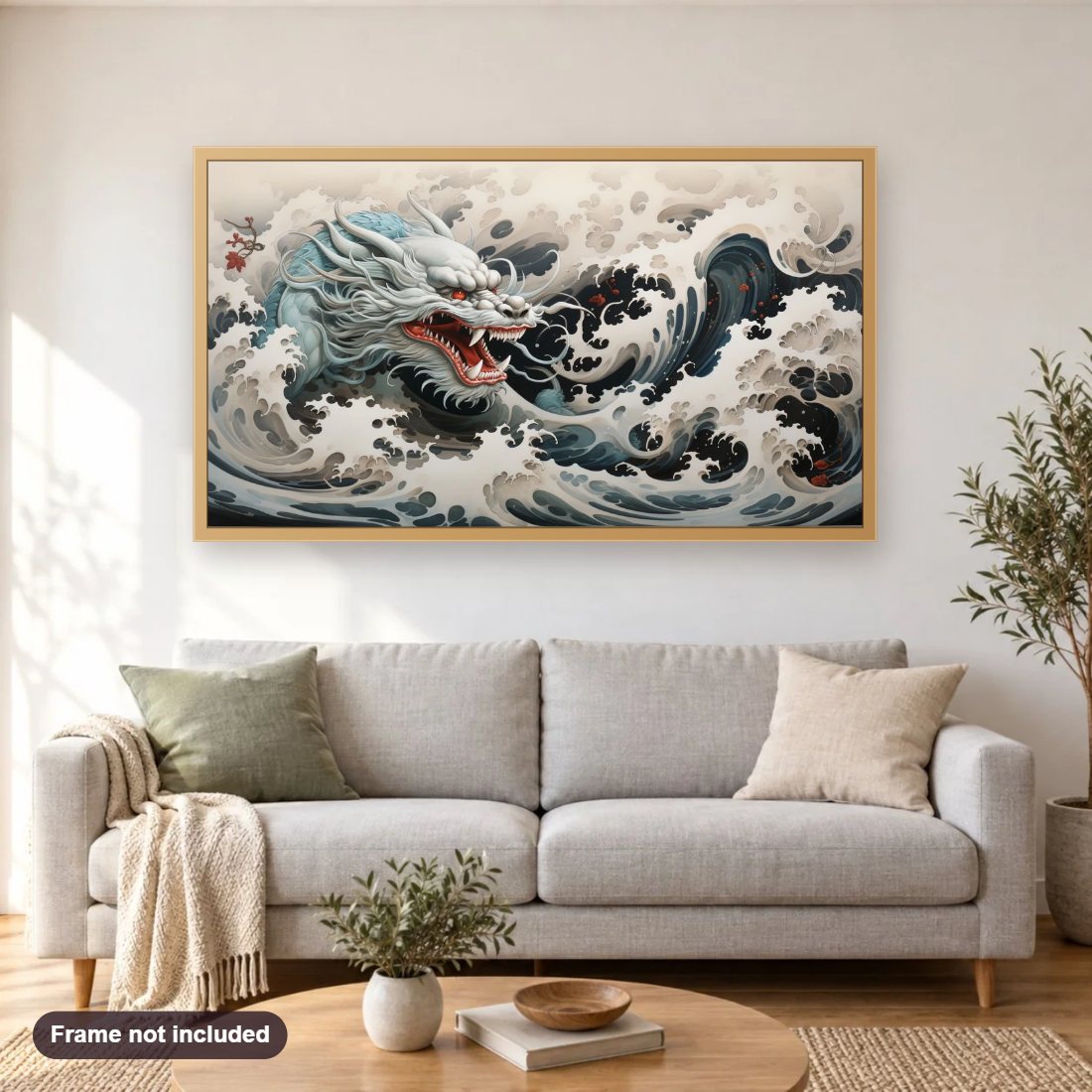The Water Dragon diamond painting shown framed on a living room wall above a sofa