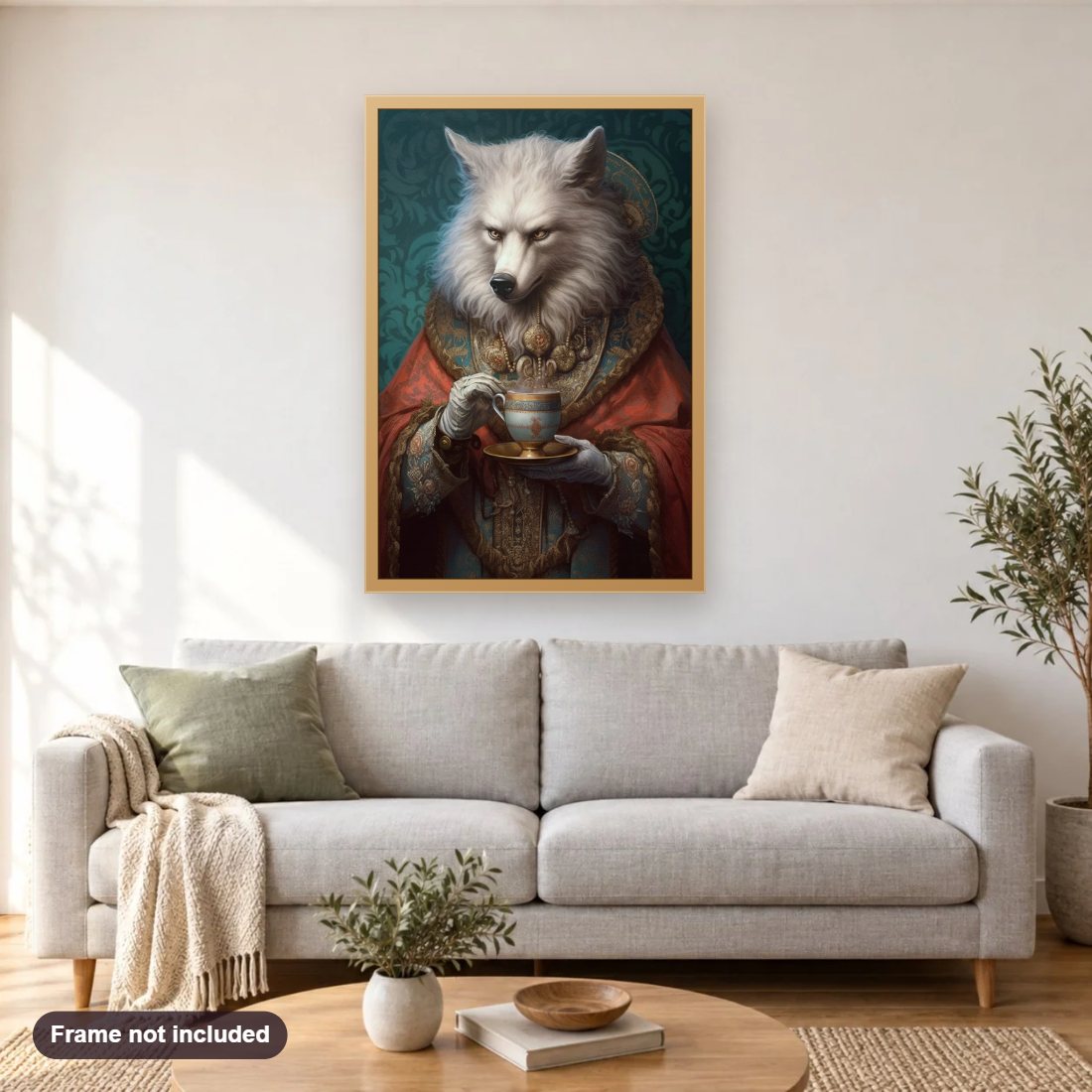 The Wolf Emperor diamond painting shown framed on a living room wall above a sofa