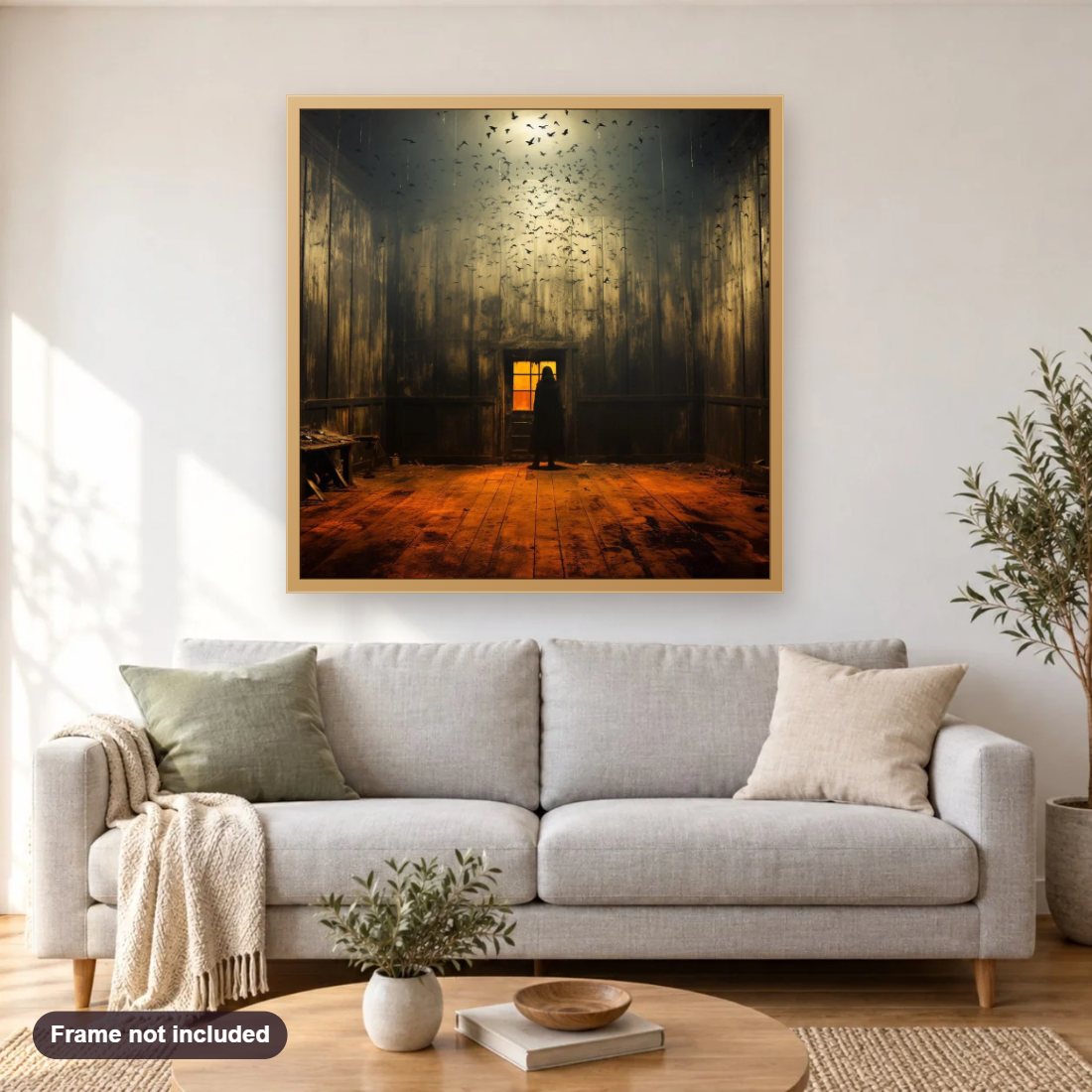 There's No Way Out diamond painting shown framed on a living room wall above a sofa