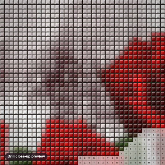 Close-up preview of the Three Red Roses diamond painting with square 5D drills and printed canvas symbols