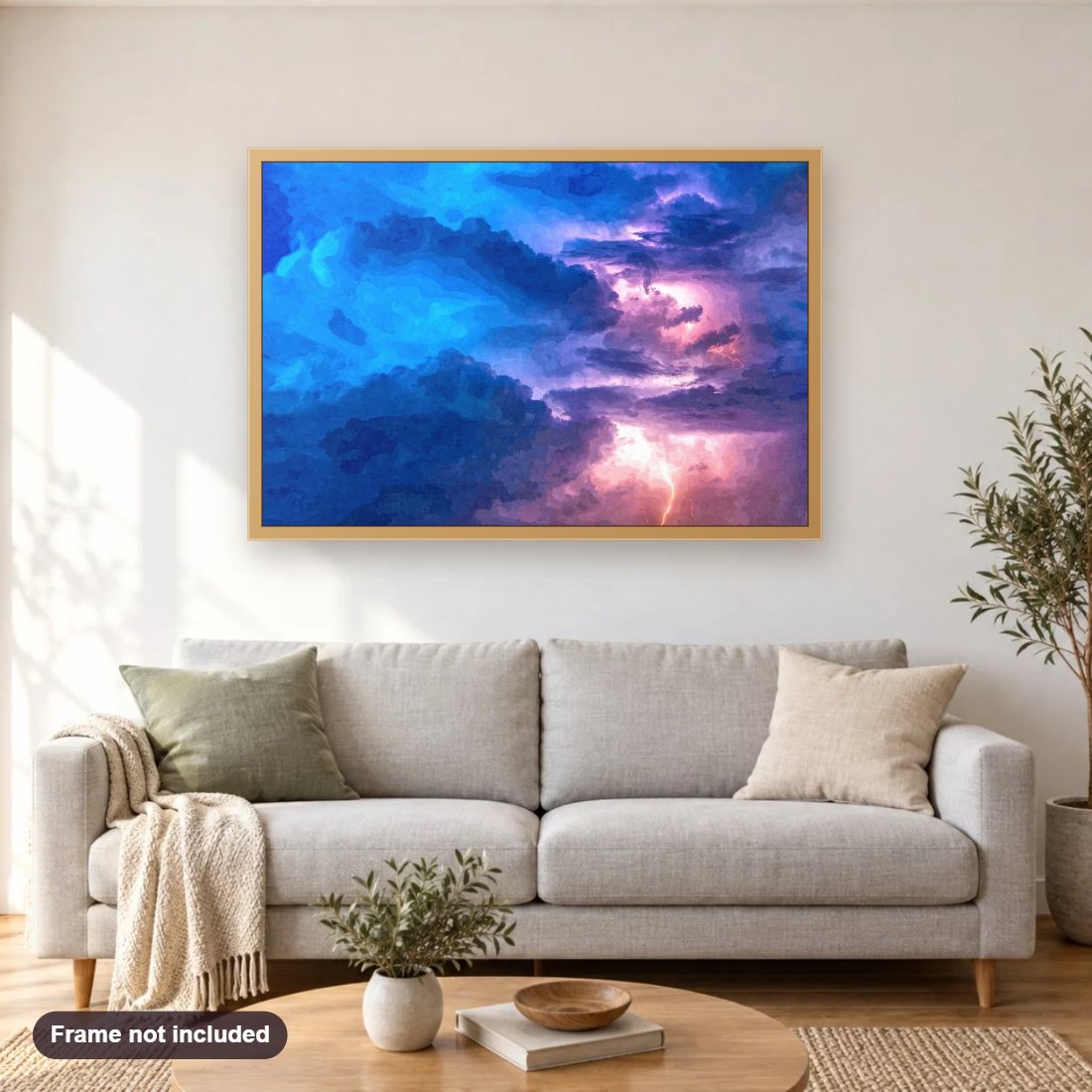 Thunderstorm At Night diamond painting shown framed on a living room wall above a sofa