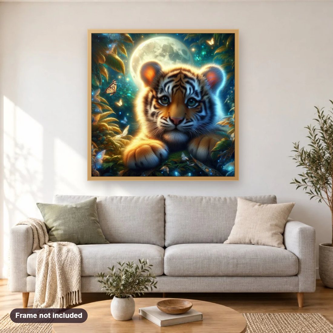 Tiger Baby diamond painting shown framed on a living room wall above a sofa