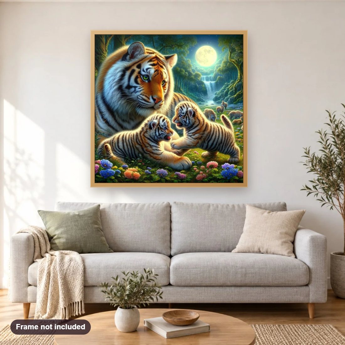 Tiger Cubs with Mother diamond painting shown framed on a living room wall above a sofa