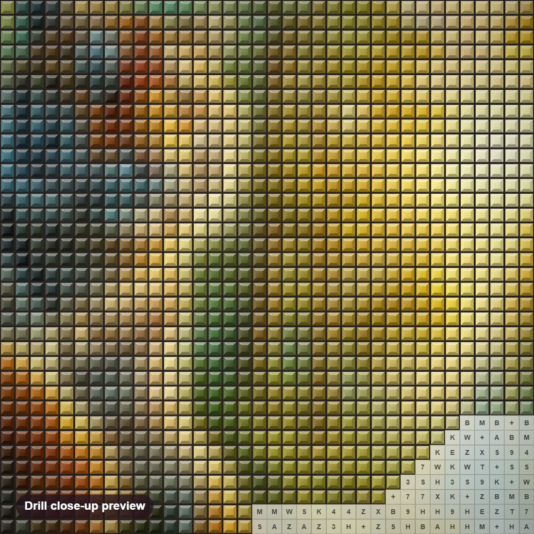 Close-up preview of the Tiger, Embodiment of the Wild diamond painting with square 5D drills and printed canvas symbols