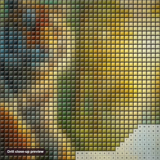 Close-up preview of the Tiger, Embodiment of the Wild diamond painting with square 5D drills and printed canvas symbols