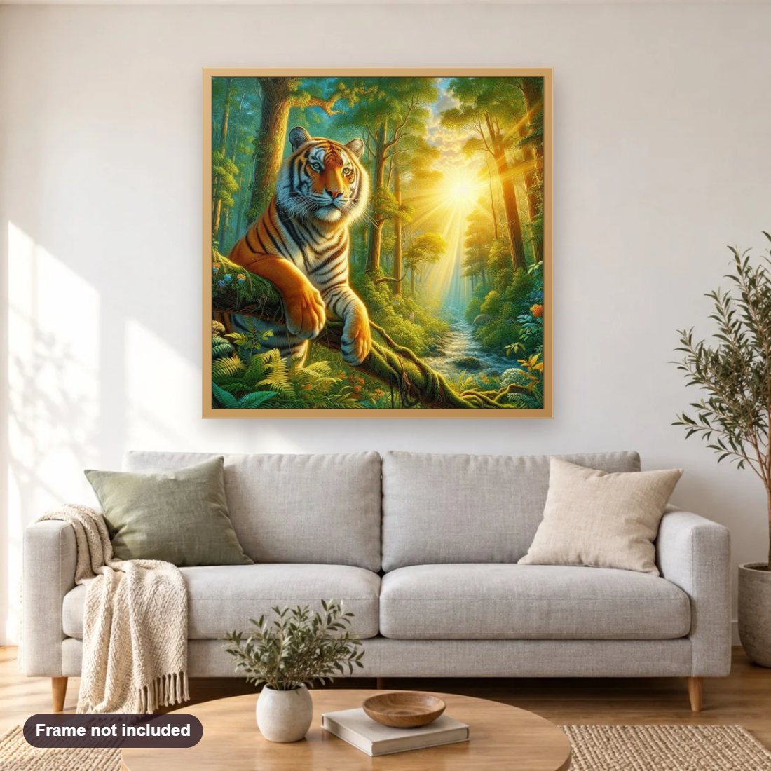 Tiger, Embodiment of the Wild diamond painting shown framed on a living room wall above a sofa
