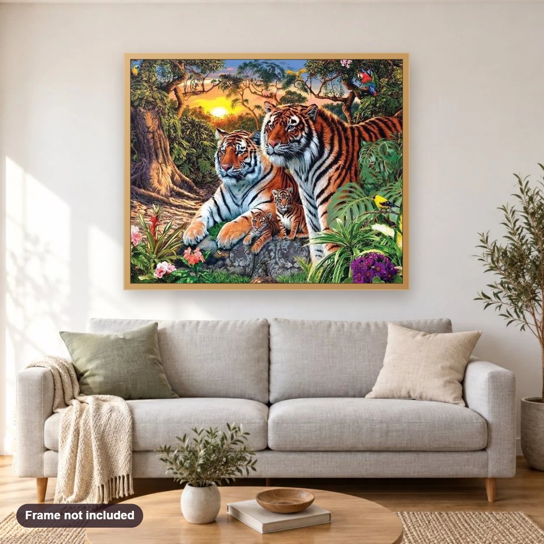 Tiger Family in the Forest diamond painting shown framed on a living room wall above a sofa