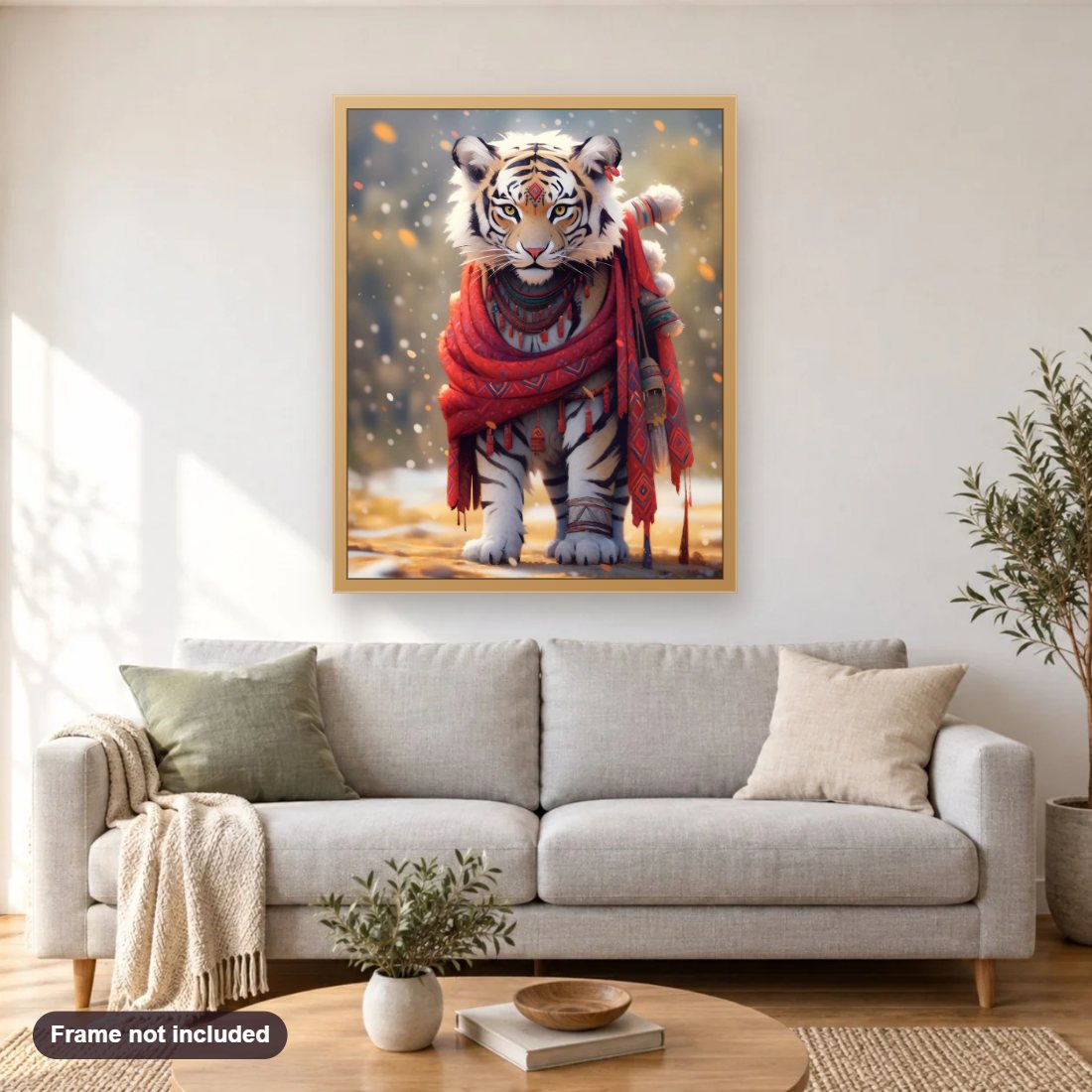 Tiger going on a Journey diamond painting shown framed on a living room wall above a sofa