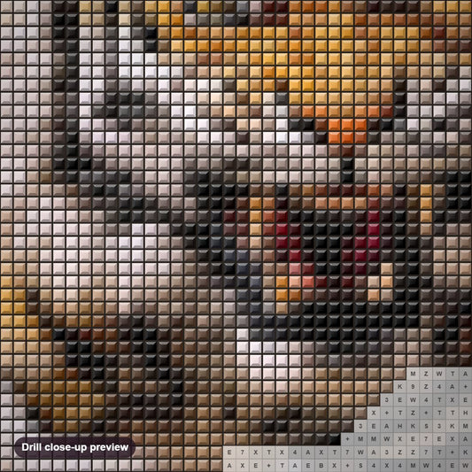 Close-up preview of the Tiger in Anger diamond painting with square 5D drills and printed canvas symbols