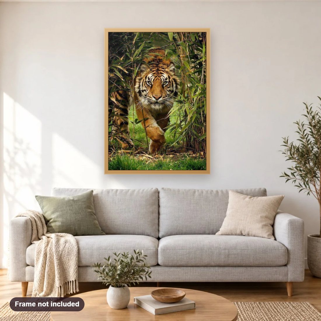 Tiger Running Out of Forest diamond painting shown framed on a living room wall above a sofa