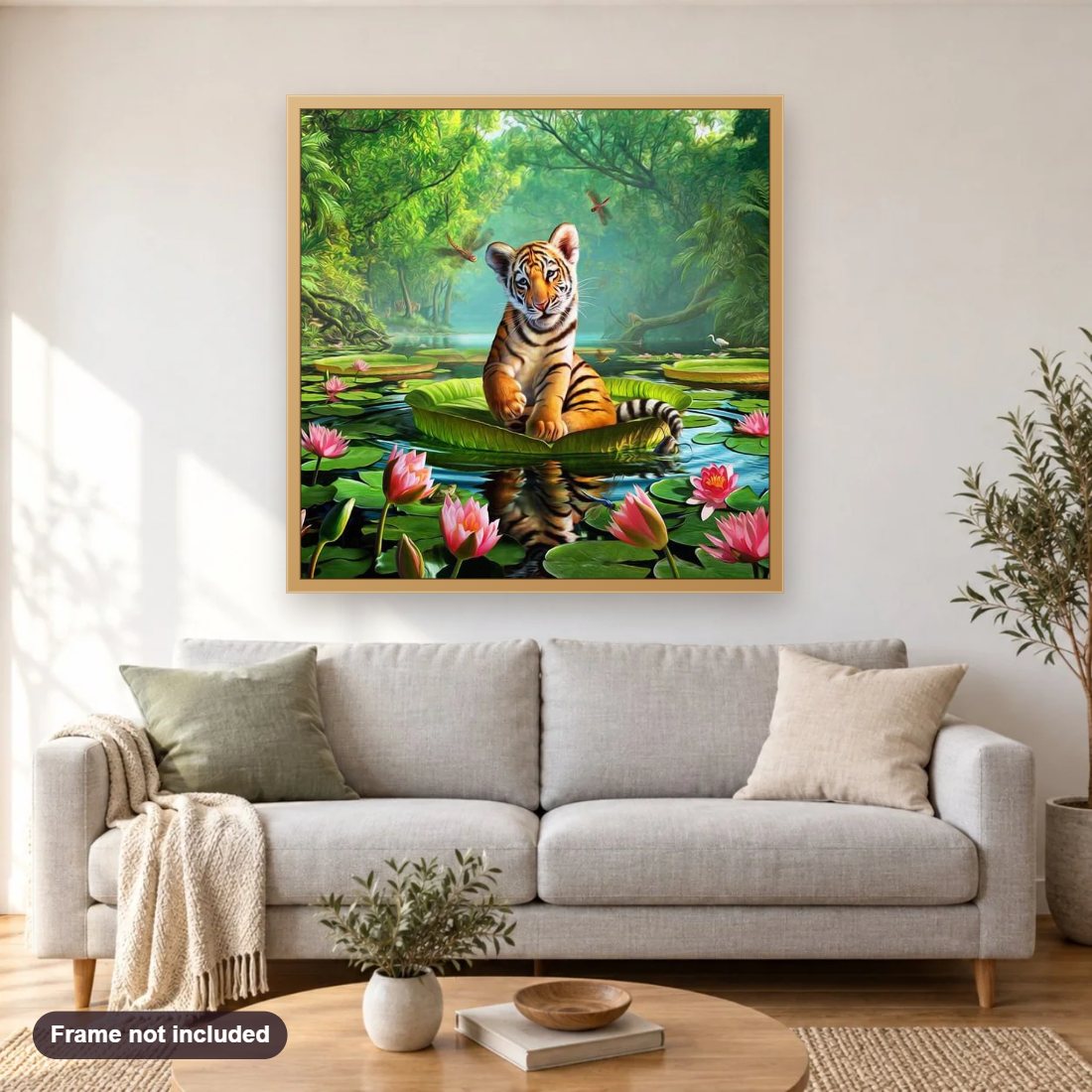 Tiger Sitting in Water Pound diamond painting shown framed on a living room wall above a sofa