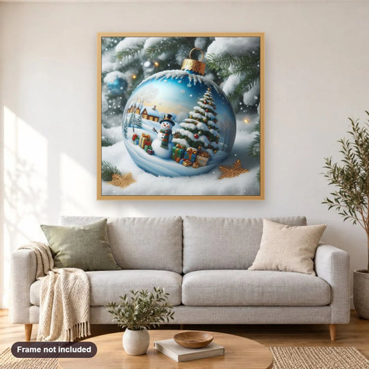 Tinsel Treasures of Christmas Toys diamond painting shown framed on a living room wall above a sofa
