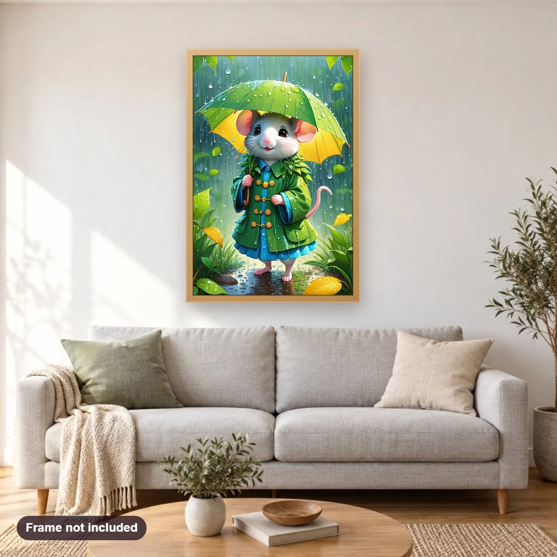 Tiny Mouse with an Umbrella diamond painting shown framed on a living room wall above a sofa