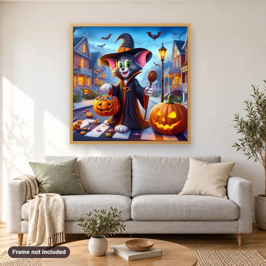 Tom with Halloween Sweets diamond painting shown framed on a living room wall above a sofa