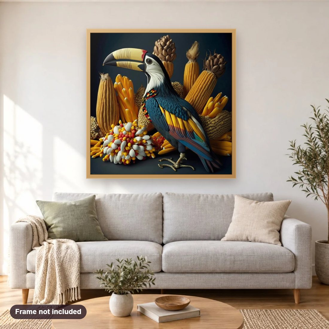 Toucan Bird diamond painting shown framed on a living room wall above a sofa