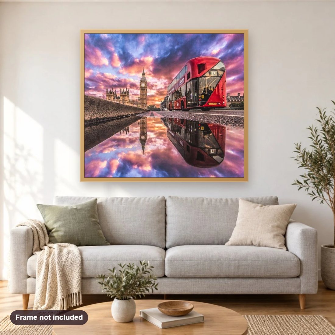 Tour to London Streets diamond painting shown framed on a living room wall above a sofa