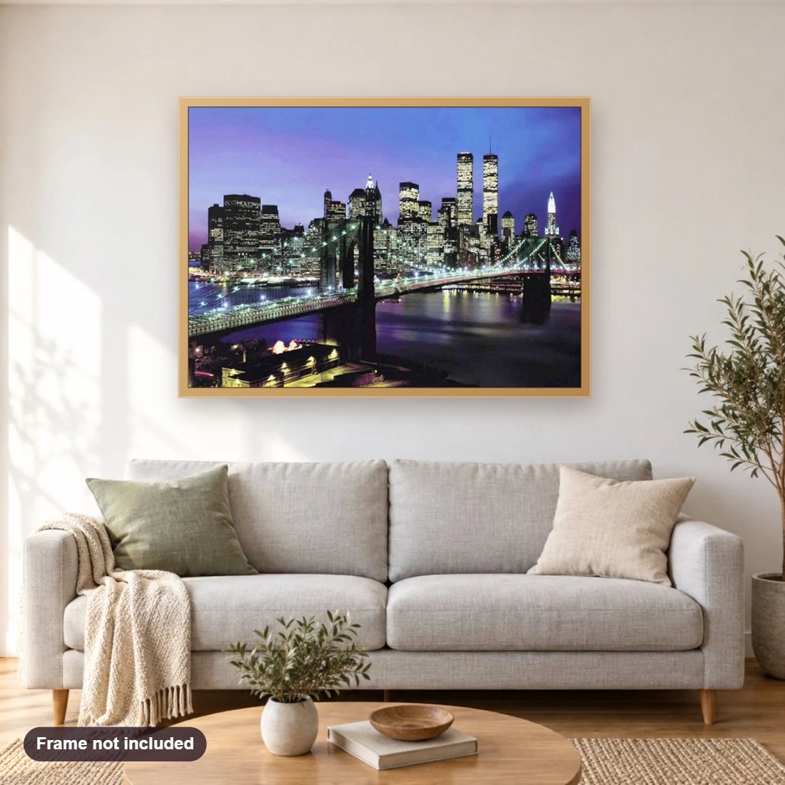 Tower Bridge in London diamond painting shown framed on a living room wall above a sofa