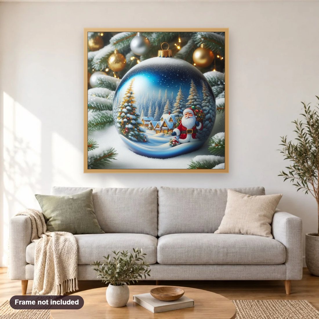 Toyland Christmas diamond painting shown framed on a living room wall above a sofa
