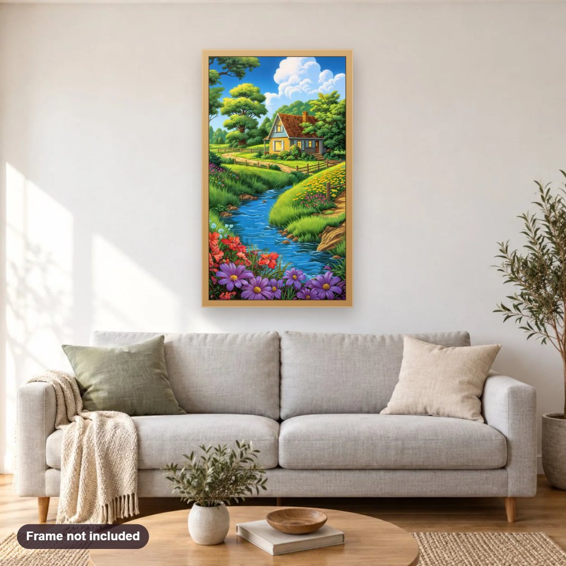 Tranquil Water Flow in a Flowering Valley diamond painting shown framed on a living room wall above a sofa