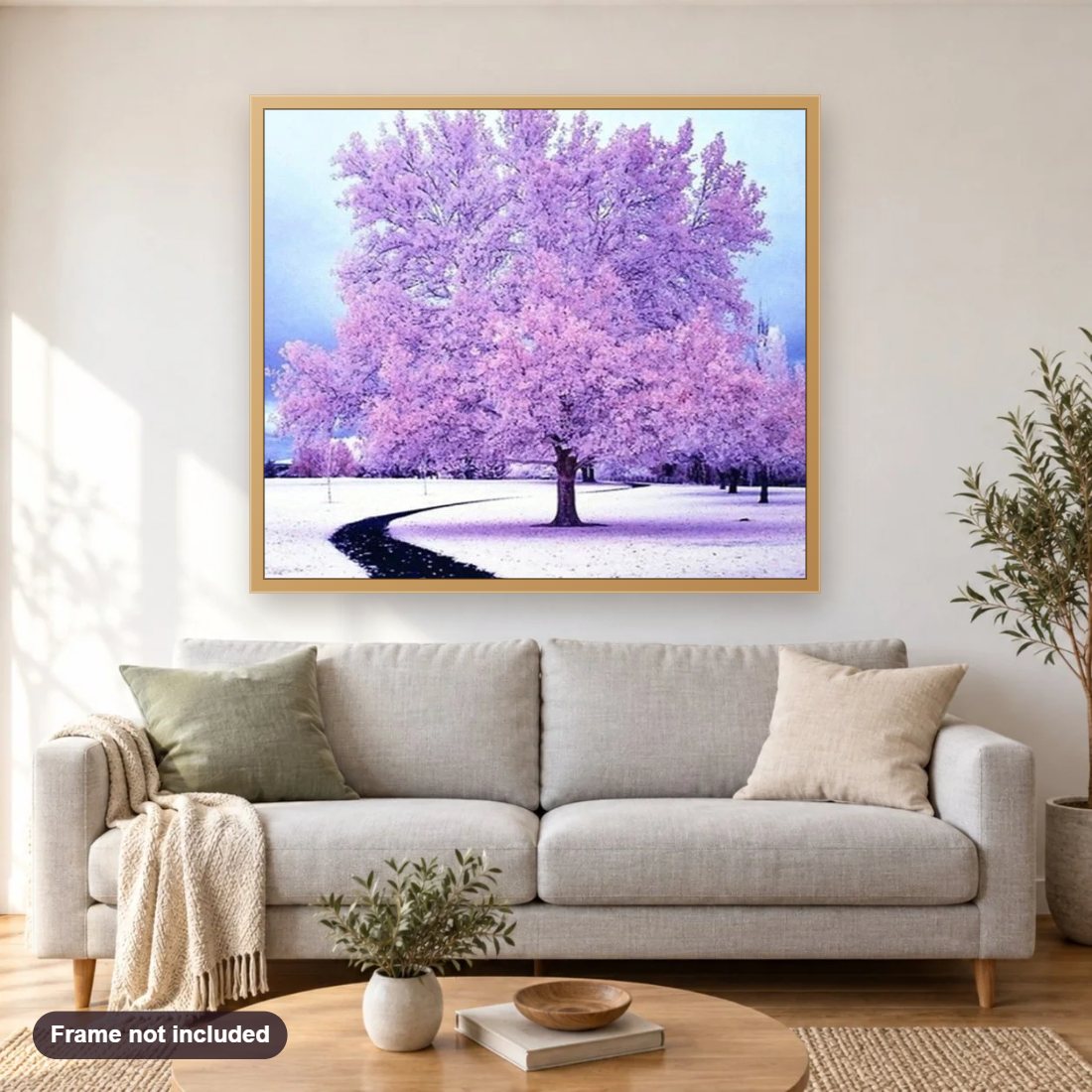 Tree Beauty diamond painting shown framed on a living room wall above a sofa