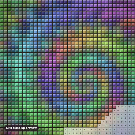 Close-up preview of the Trippe Hippie Spiral diamond painting with square 5D drills and printed canvas symbols