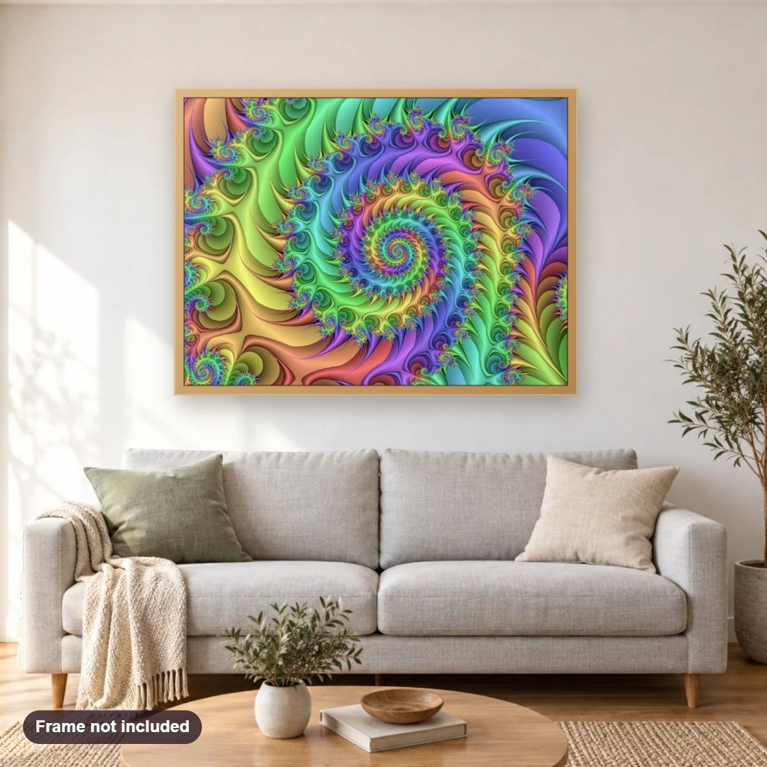 Trippe Hippie Spiral diamond painting shown framed on a living room wall above a sofa