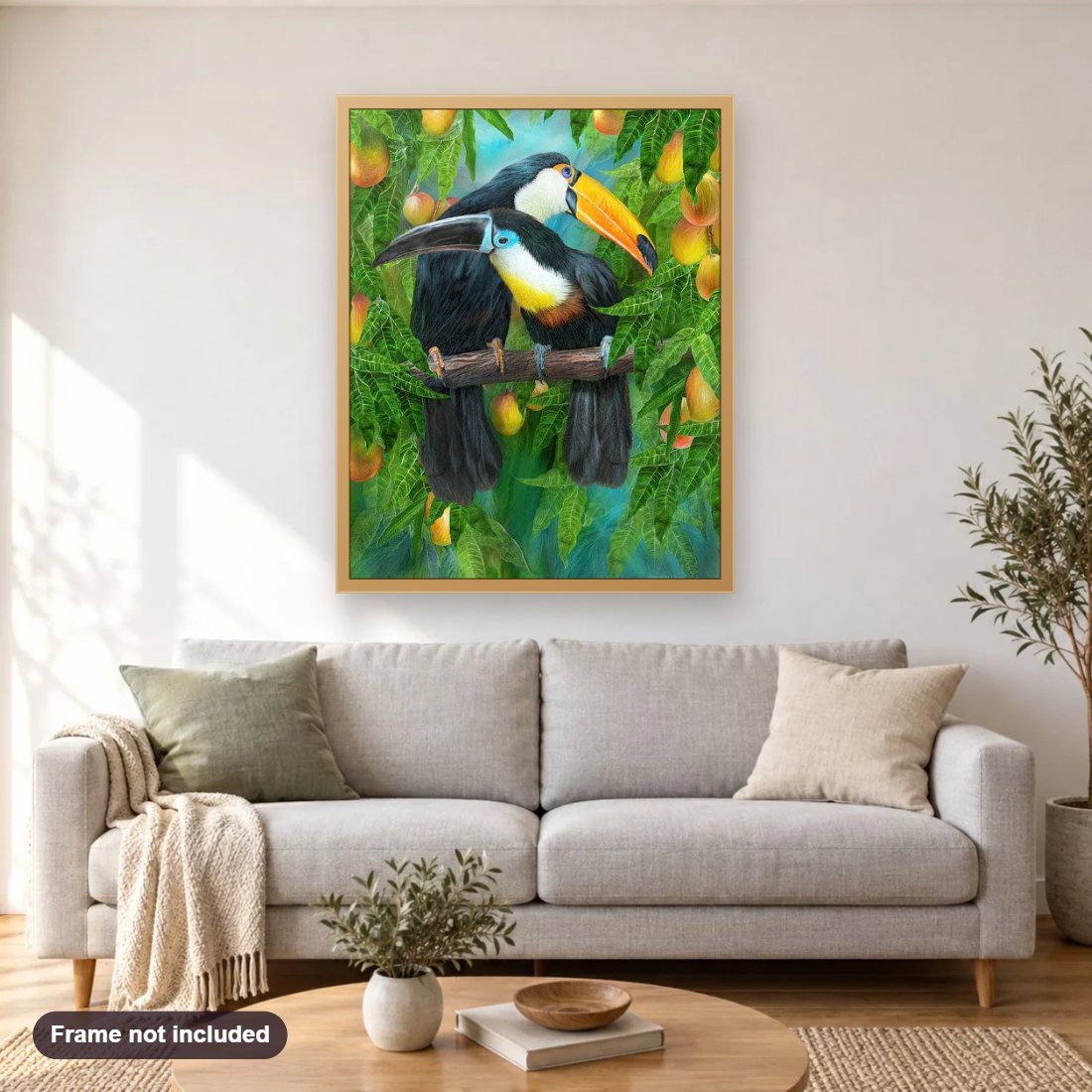 Tropic Spirits diamond painting shown framed on a living room wall above a sofa