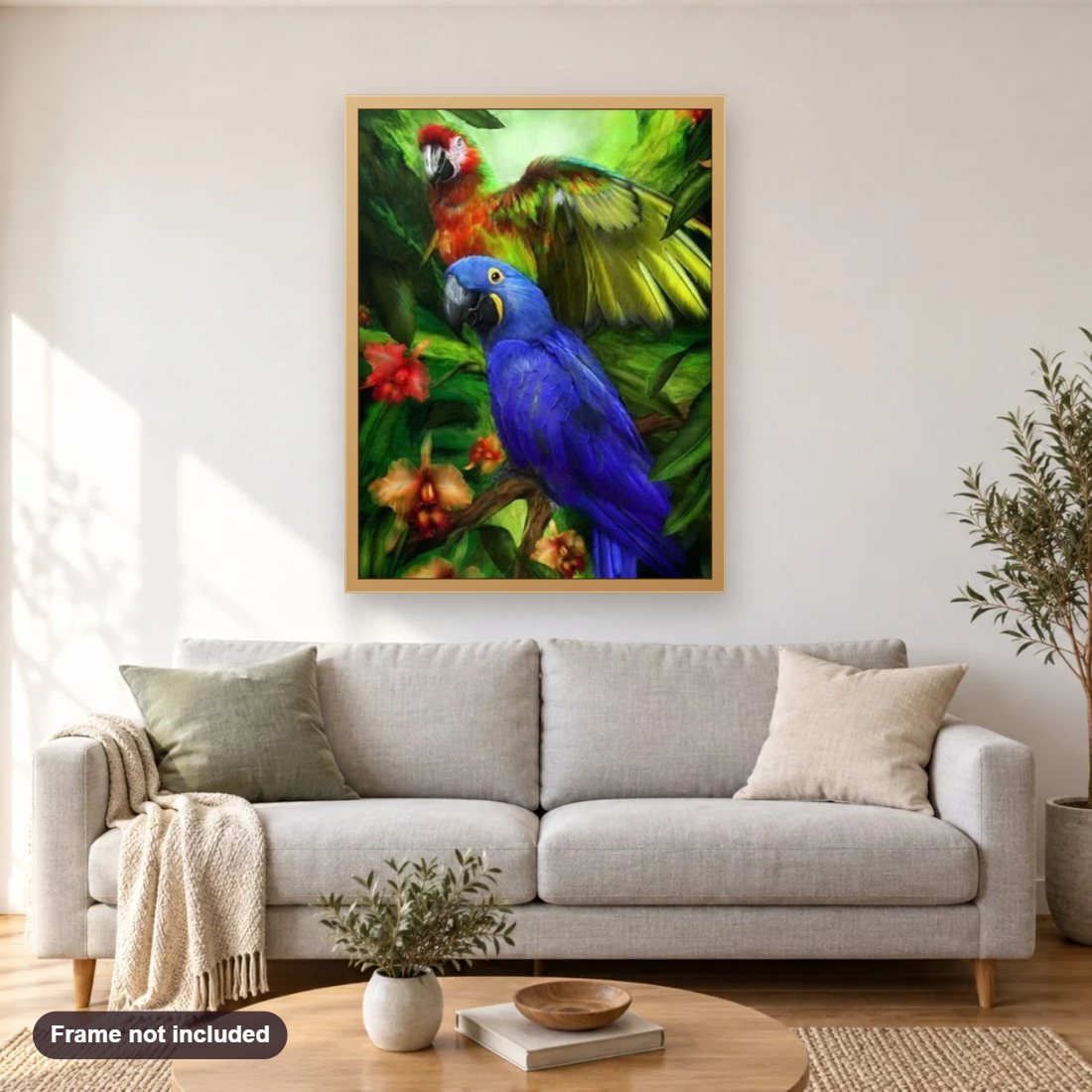 Tropical Birds diamond painting shown framed on a living room wall above a sofa
