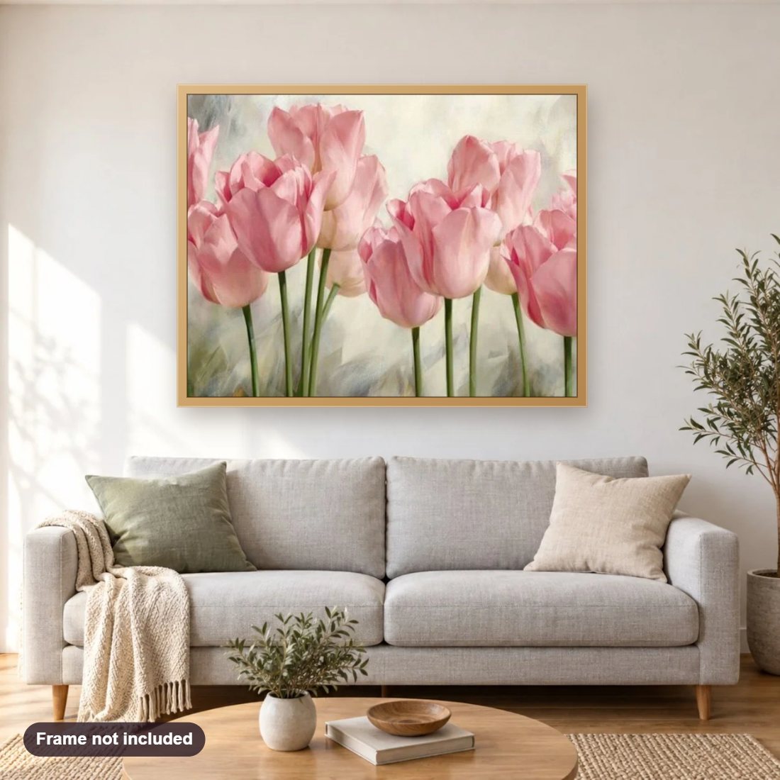 Tulips 3D diamond painting shown framed on a living room wall above a sofa