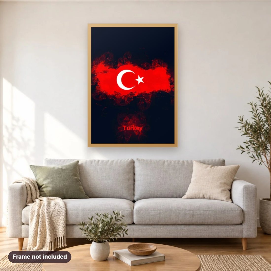 Turkey Country Map diamond painting shown framed on a living room wall above a sofa