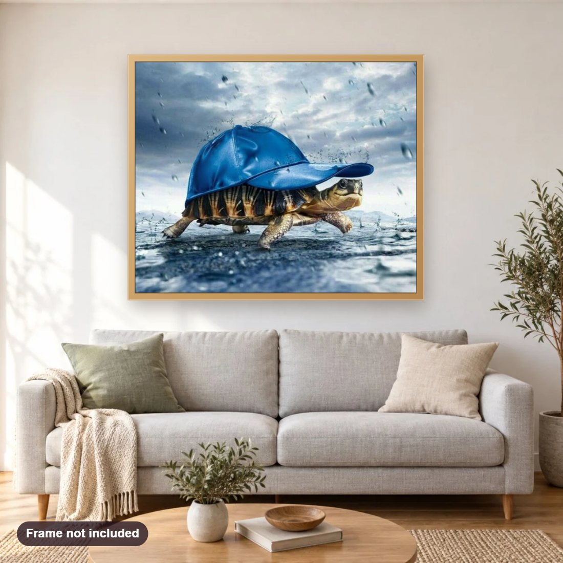 Turtle in a Hat diamond painting shown framed on a living room wall above a sofa