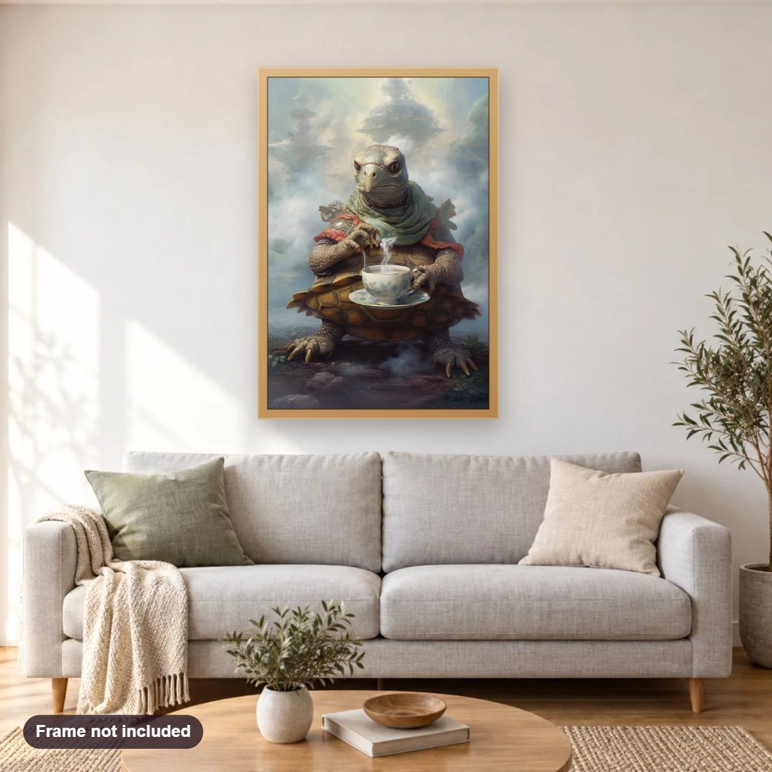 Turtle with a Magical Cup of Tea diamond painting shown framed on a living room wall above a sofa