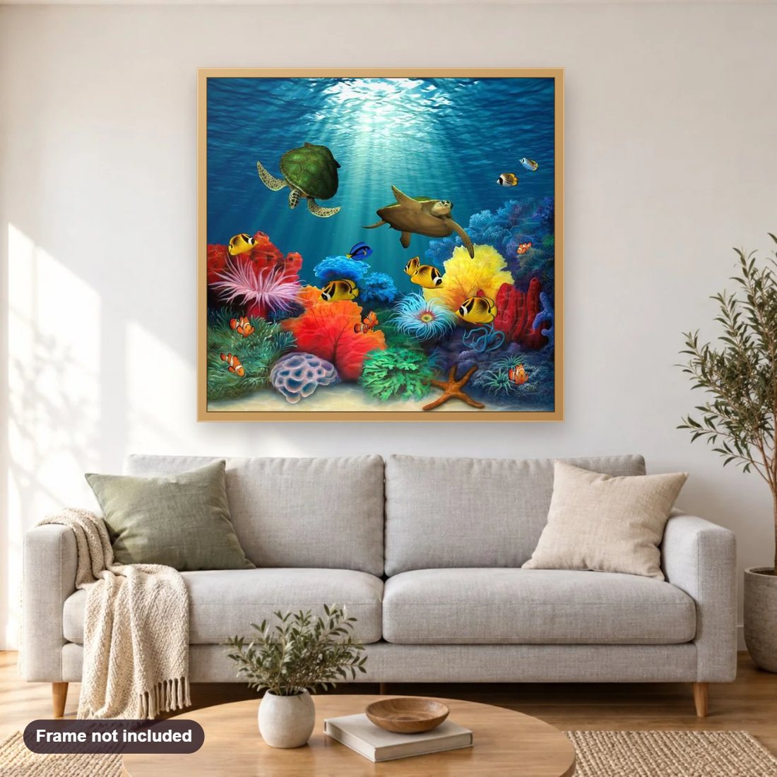 Turtles & Fish in the Water diamond painting shown framed on a living room wall above a sofa