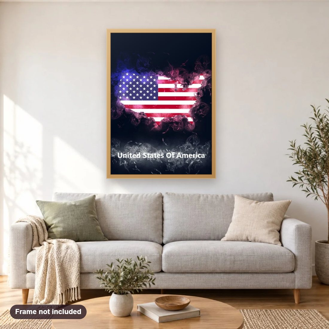 U.S.America Country Map diamond painting shown framed on a living room wall above a sofa