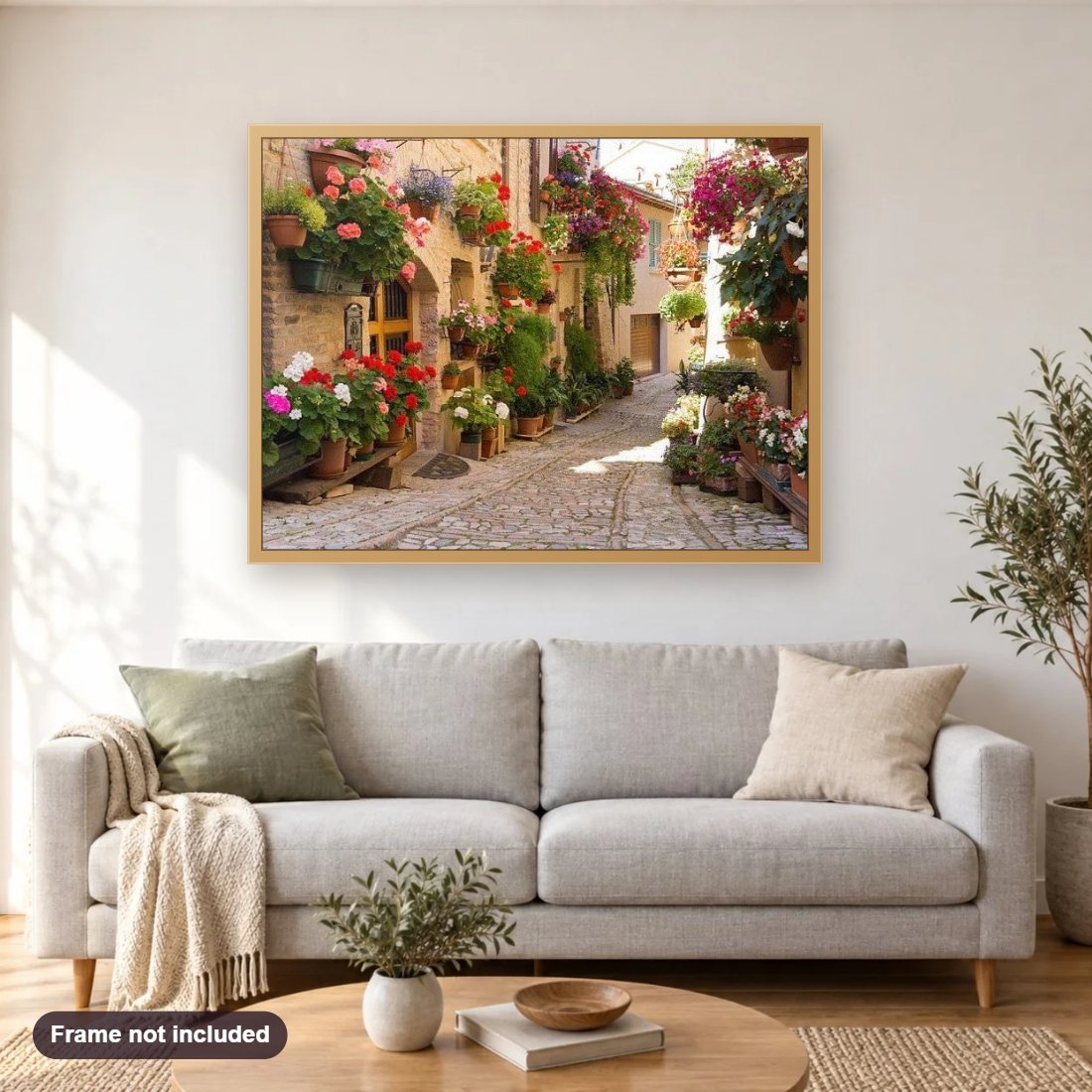 Umbria Italy diamond painting shown framed on a living room wall above a sofa
