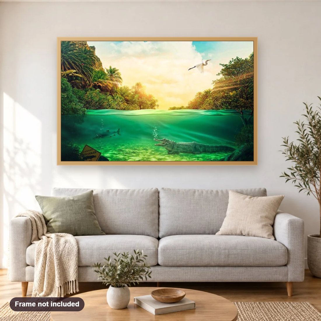 Under Water Crocodile & Fish diamond painting shown framed on a living room wall above a sofa