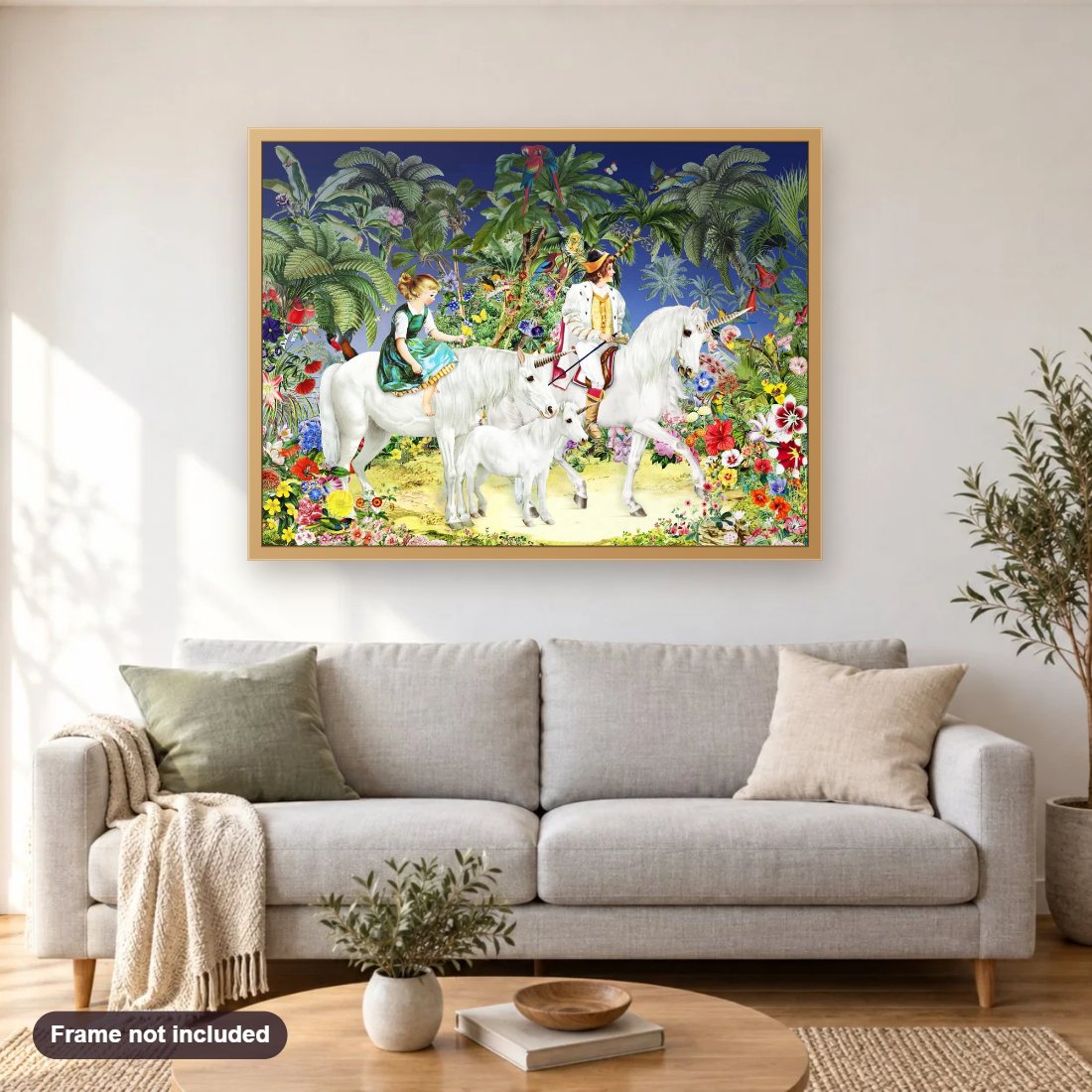 Unicorns and Riders diamond painting shown framed on a living room wall above a sofa