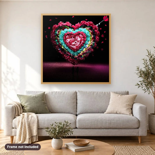Valentine's Couple diamond painting shown framed on a living room wall above a sofa