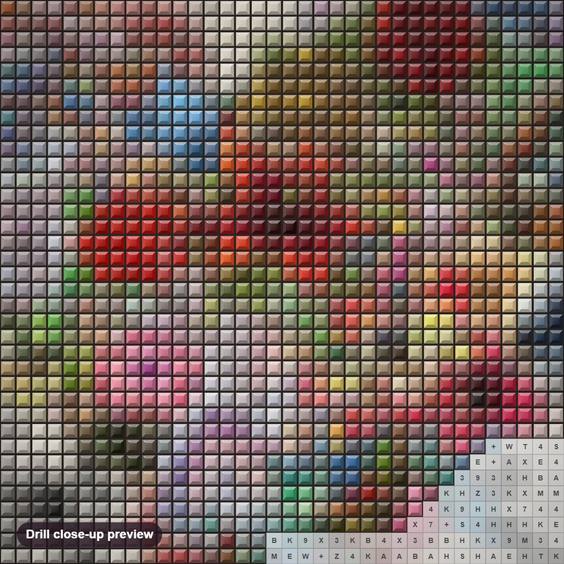 Close-up preview of the Valentine Floral Heart diamond painting with square 5D drills and printed canvas symbols