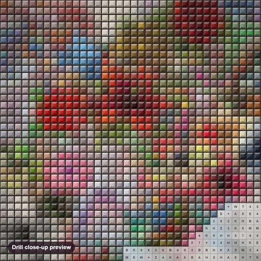 Close-up preview of the Valentine Floral Heart diamond painting with square 5D drills and printed canvas symbols