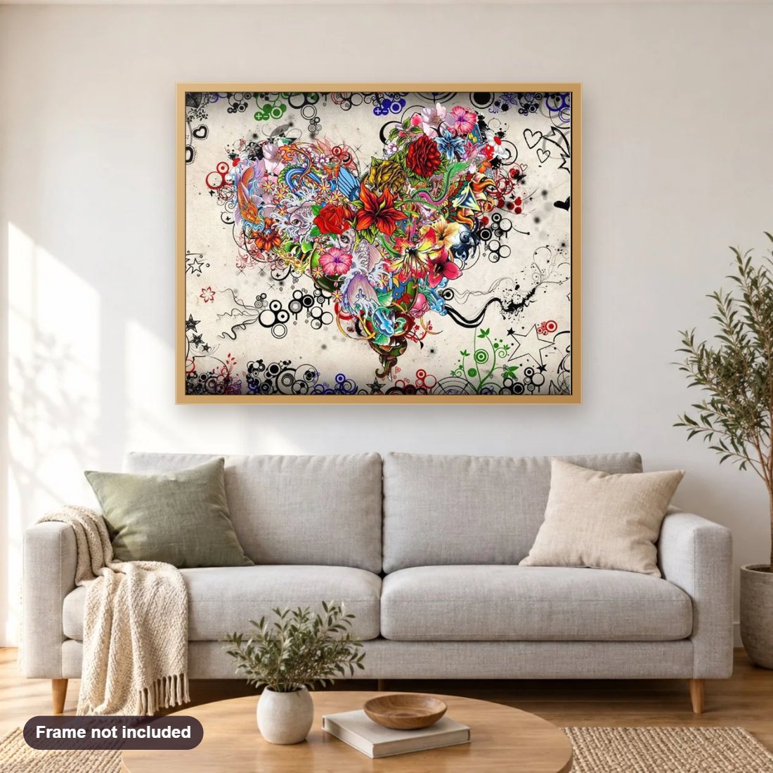 Valentine Floral Heart diamond painting shown framed on a living room wall above a sofa