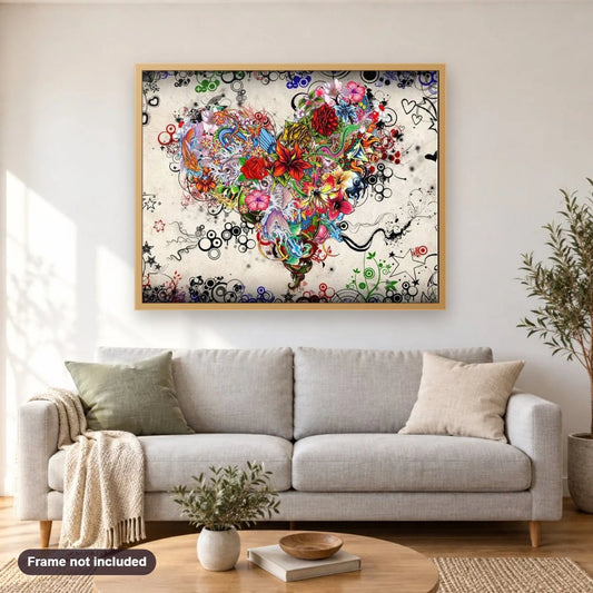 Valentine Floral Heart diamond painting shown framed on a living room wall above a sofa
