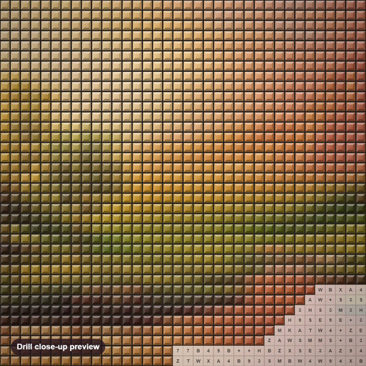Close-up preview of the Valley Of Calm diamond painting with square 5D drills and printed canvas symbols